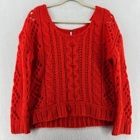 Free People Sweater Women's Sz S Red Open Cable Knit Chunky Pullover Long Sleeve - Picture 2 of 13